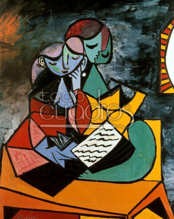 La Lección" Picasso, cuadro multicolor, reproducción.