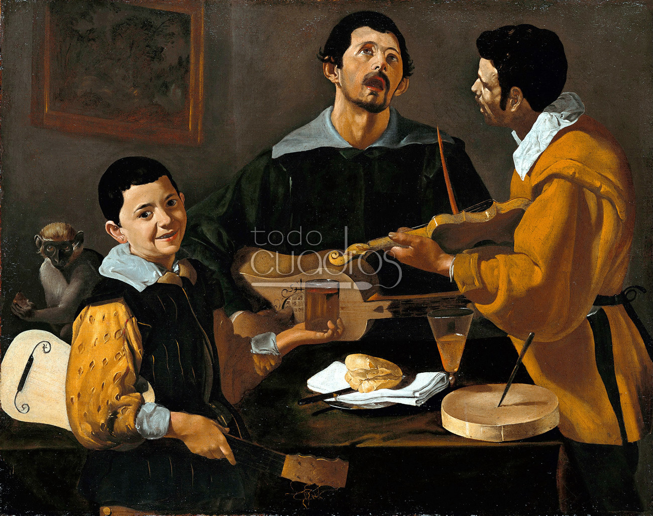 Cuadro "Tres músicos" de Velázquez, óleo costumbrista.